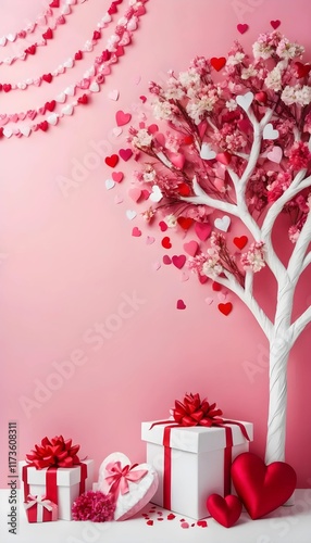 Tree with Heart-Shaped Flowers and Garlands on a Festive Pink, Red, and White Background