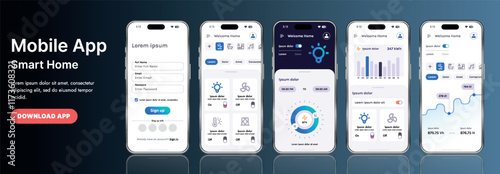A sleek smart home application interface template featuring modern icons and a gradient design. Includes navigation menus for managing devices, monitoring security, controlling temperature