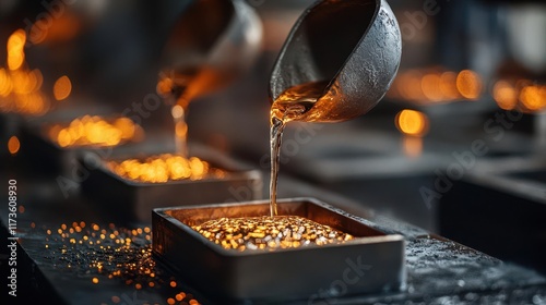 Molten glass being poured into molds, hightemperature industrial process in focus photo