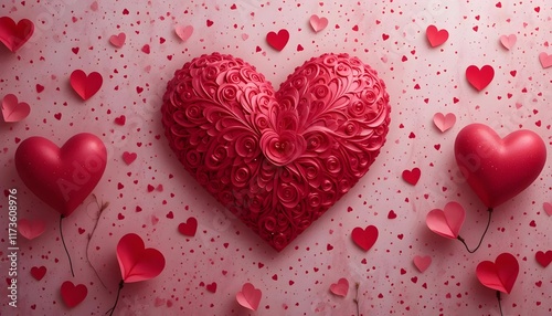 Festive Red Heart with Smaller Hearts and Confetti: A Romantic Valentine's Day Scene