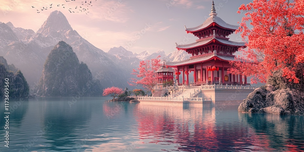 Obraz premium Serene Asian Temple on Island Lake Mountain View