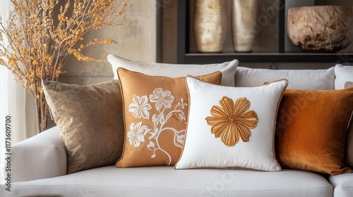 Elegant embroidered throw pillows for home decor enhancement.