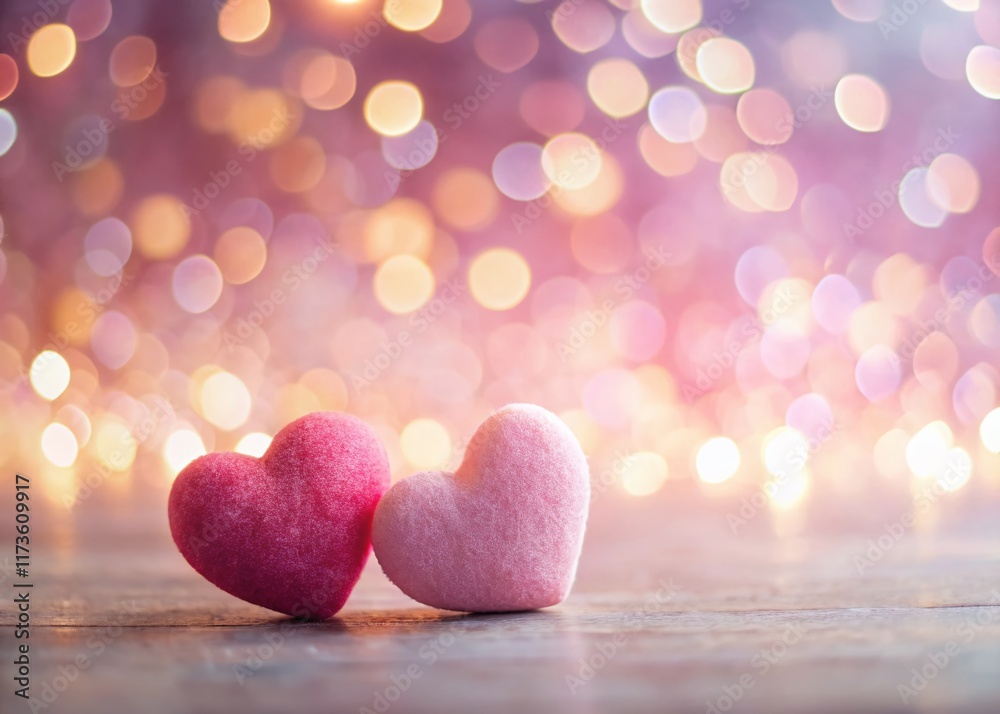 Obraz premium Valentine's Day Bokeh Background with Two Cute Hearts - Romantic Love Theme Stock Photo