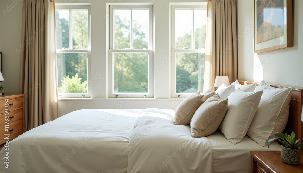 Fototapeta premium Stock photo shows a bright airy bedroom with a comfortable bed soft bedding and large windows offering natural light and a calming atmosphere.