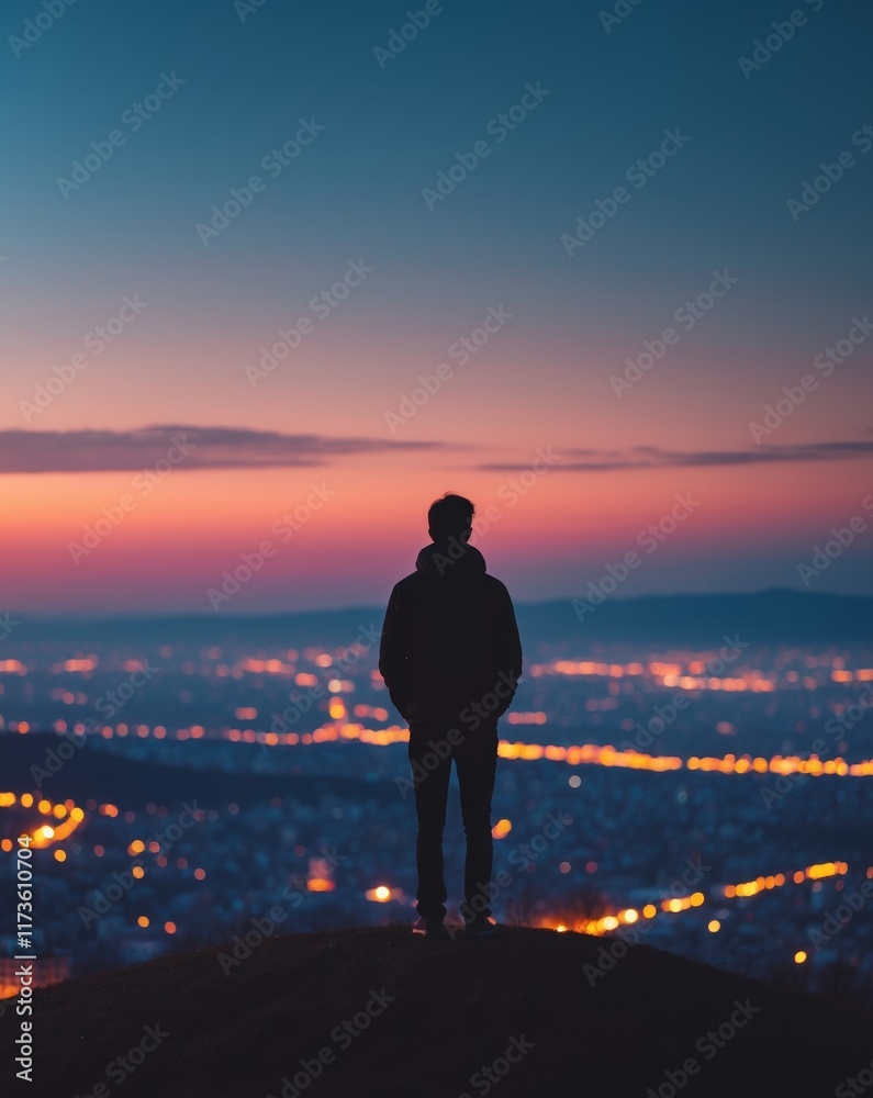 Fototapeta premium A silhouetted figure standing on a hill overlooking a city skyline at twilight with dramatic hues