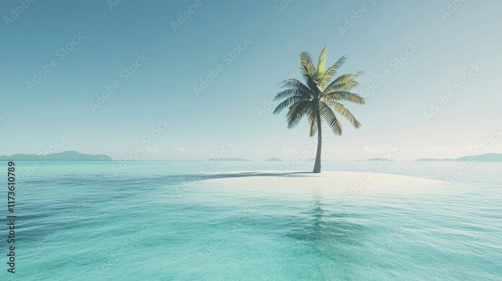 An isolated island with a single palm tree, surrounded by crystal-clear turquoise waters, under a cloudless blue sky. An isolated island with a single palm tree, surrounded by crystal-clear turquoise waters, under a cloudless blue sky.