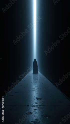 Wallpaper Mural A lone figure stands at the end of a corridor illuminated by blue light. Torontodigital.ca