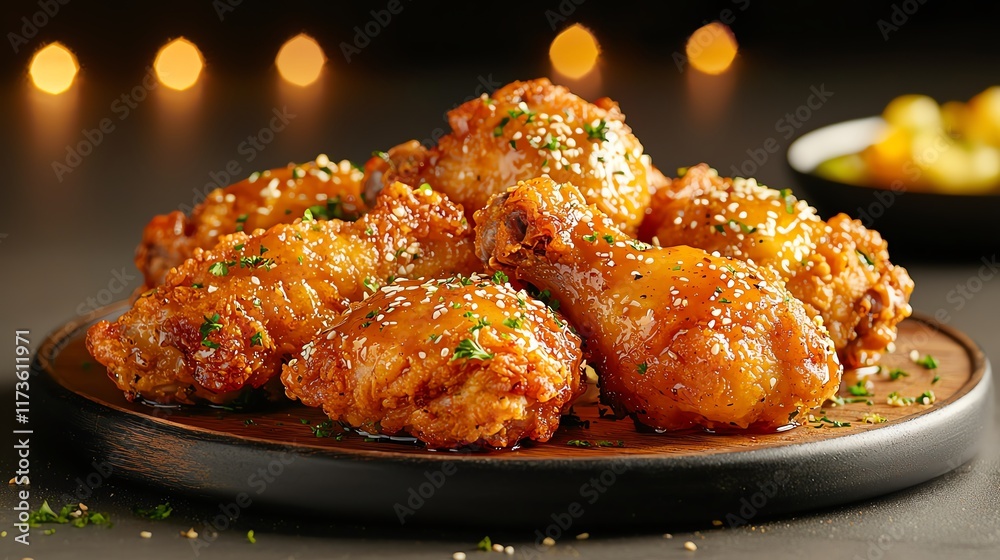 Fototapeta premium Succulent fried chicken wings garnished with herbs on a wooden plate.