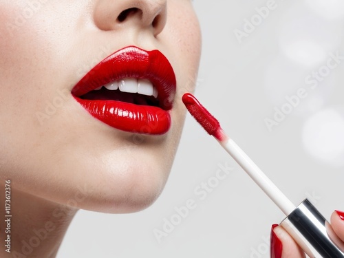 Red lips with a thin applicator close up photo