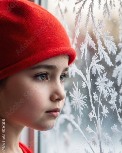 A young girl in a red hat looking out of a window covered in ice photo