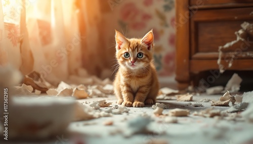 Mischief Managed: An Adorable Ginger Kitten Amidst a Paper Chaos photo