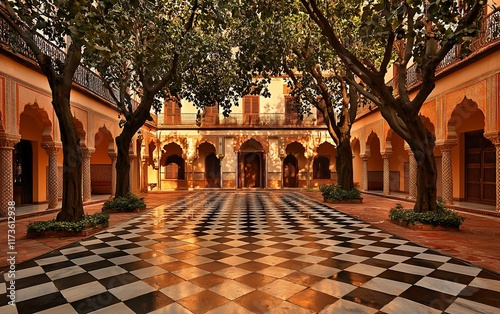 Sunlit Andalusian courtyard with checkered floor and arched walkways.