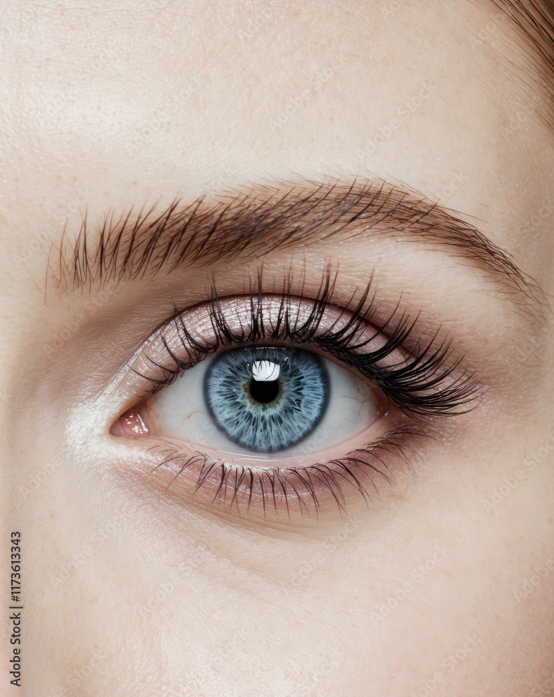 Fototapeta premium Close up of a stunning blue eye with shimmering makeup and sparkling lashes