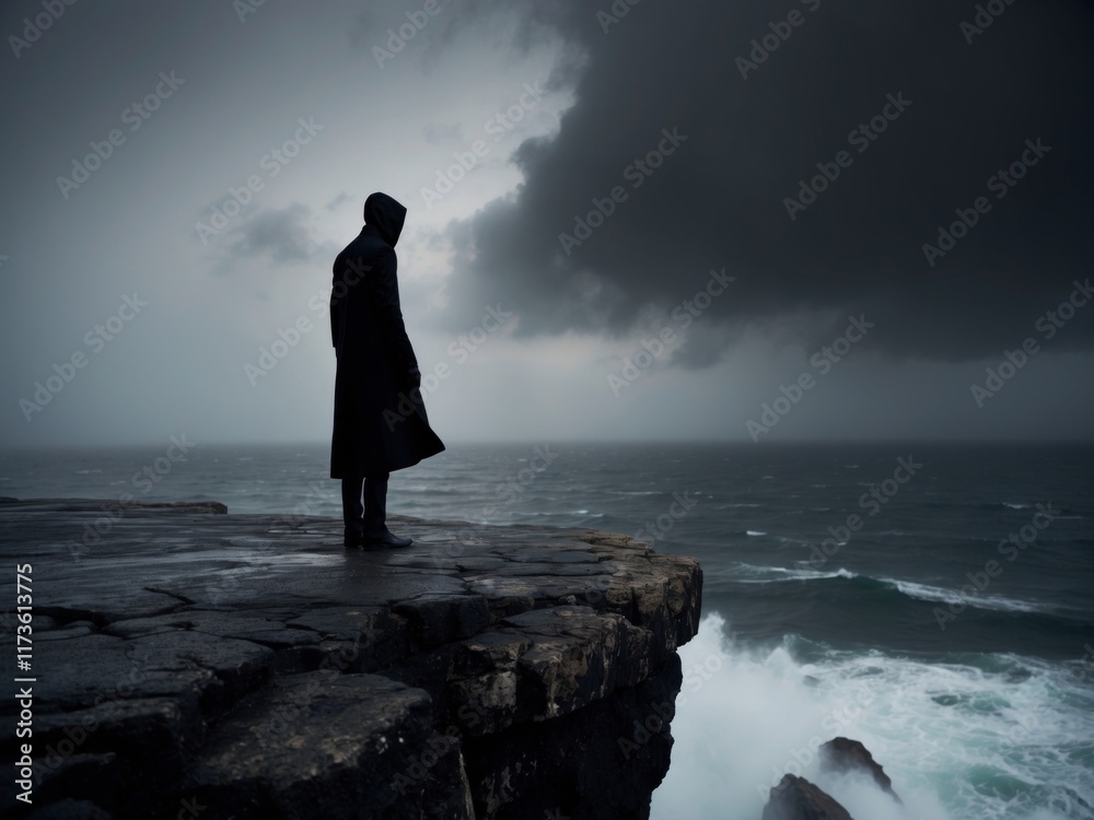 Mysterious figure standing on a rocky cliff overlooking a stormy sea. Mysterious figure standing on a rocky cliff overlooking a stormy sea.