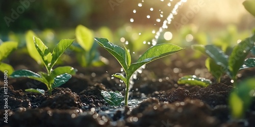 Young plants watered at sunrise. Growth, agriculture photo