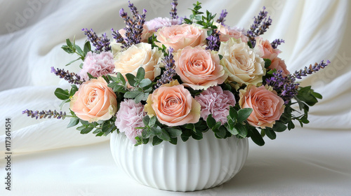 Peach roses, lavender, carnations arrangement in white vase on draped table