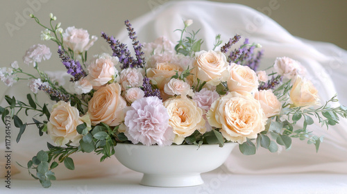Peach roses, lavender, carnations centerpiece in white bowl on draped table