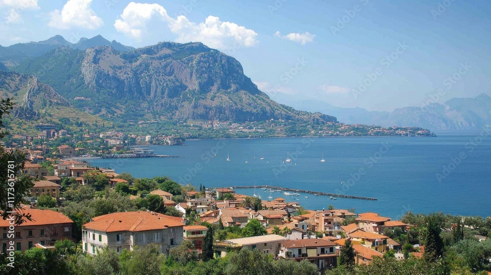 Fototapeta premium Coastal Town Nestled Amongst Majestic Mountains and Azure Sea