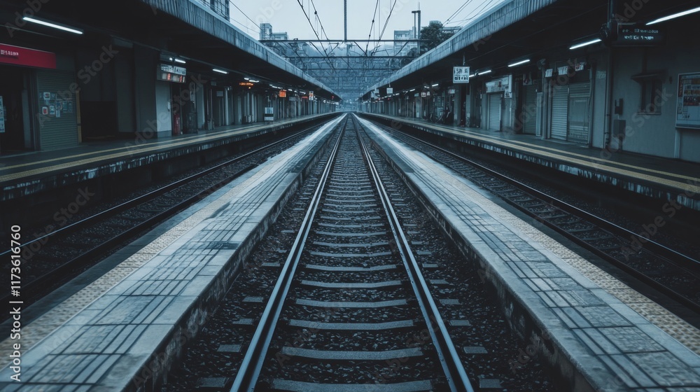 Empty train station platform with converging railway tracks.