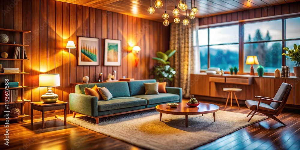 A tilt-shift photo of a mid-century modern living room, showcasing a wooden accent wall. A tilt-shift photo of a mid-century modern living room, showcasing a wooden accent wall.