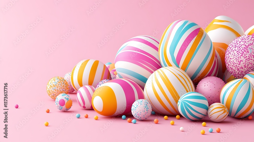 Fototapeta premium Colorful Striped Easter Eggs and Sprinkles on Pink