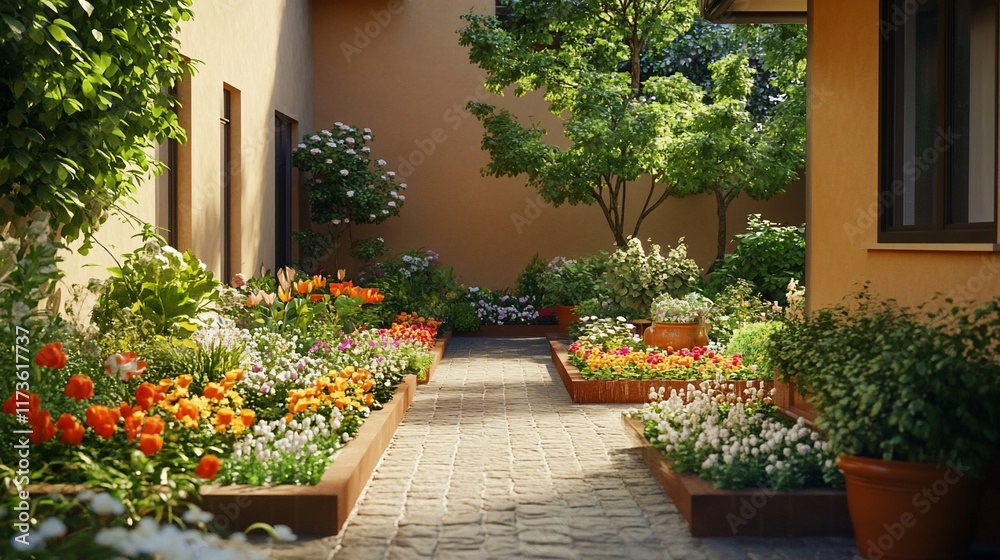 Naklejka premium Sunlit courtyard garden with colorful flowers and stone path.