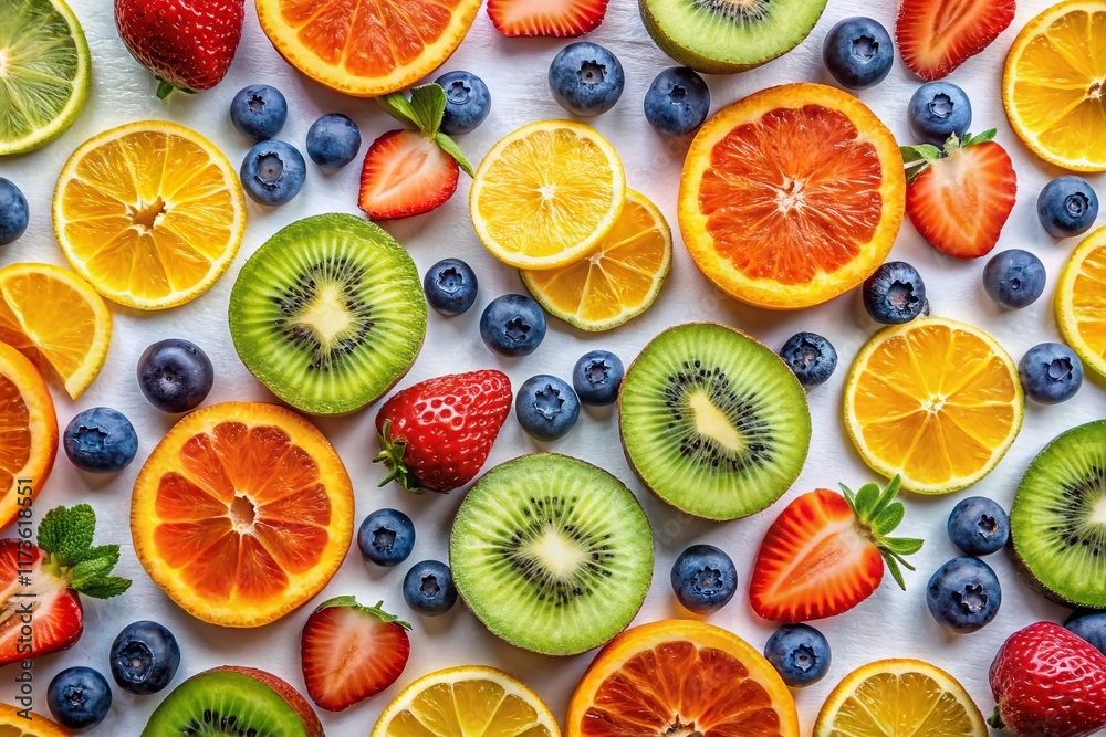 Vibrant Fruit Pattern Background: Colorful Summer Design with Fresh Produce Vibrant Fruit Pattern Background: Colorful Summer Design with Fresh Produce