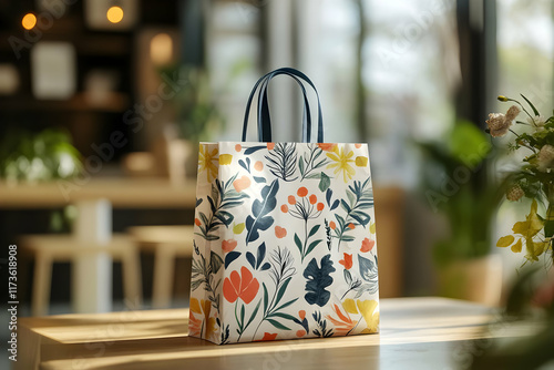 Wallpaper Mural Floral-patterned paper shopping bag on a wooden table in a cafe setting. Torontodigital.ca