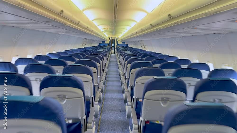Back to front walk through empty aircraft cabin iwth passenger seats
