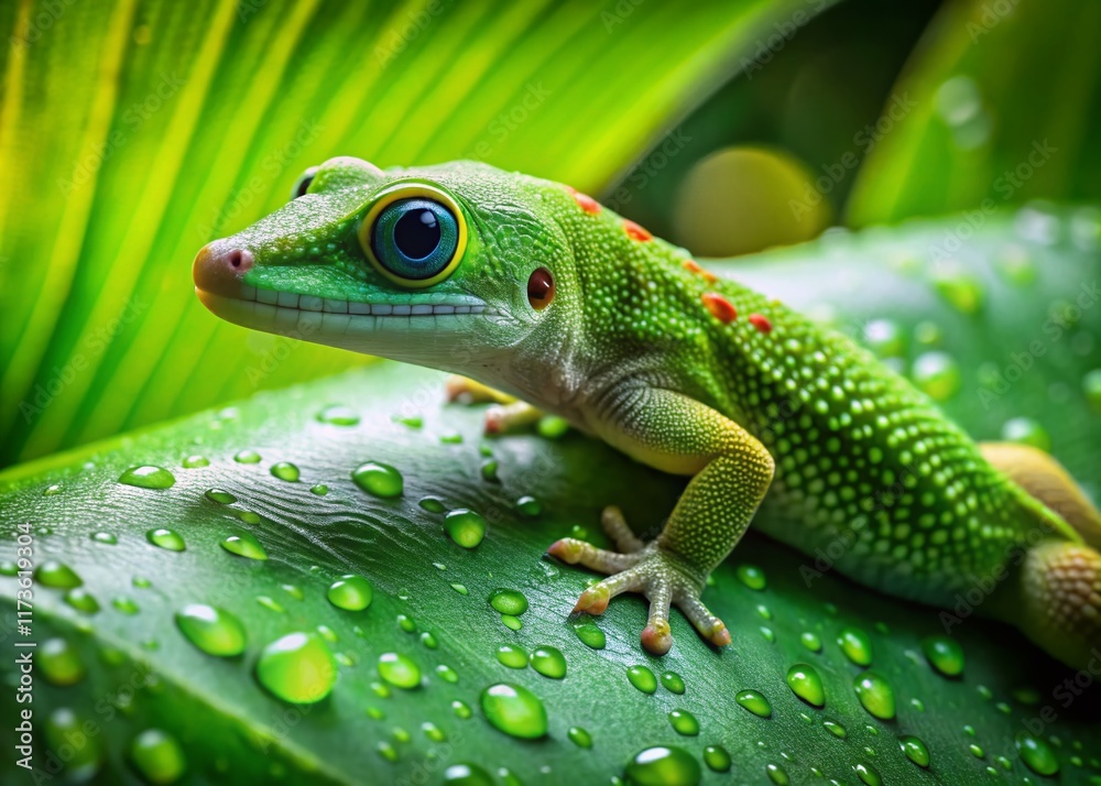 Obraz premium Vibrant Green Gecko on Lush Tropical Leaf - Stock Photo