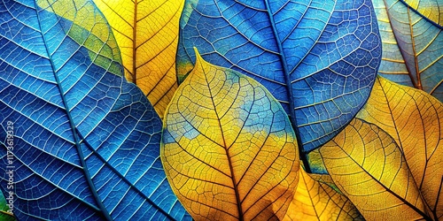 Abstract landscape: vibrant yellow-blue skeleton leaves.