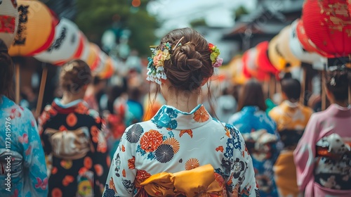 Traditional Coming of Age Day in Japan. Young nice adult girl of 20ths in stunning kimono with floral pattern, back view. Festive occasion of beauty, cultural heritage background and adulthood arrival photo