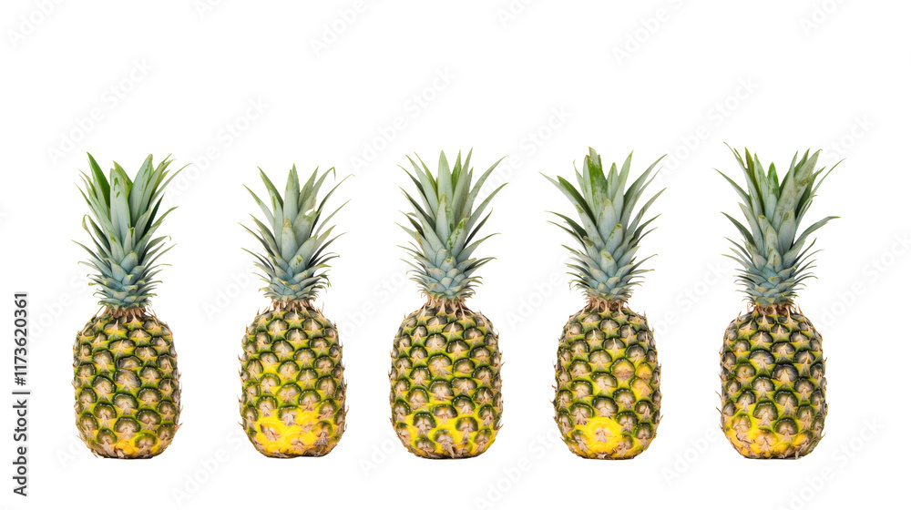 Five pineapples standing in a row on transparent background Five pineapples standing in a row on transparent background