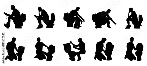 man sitting on toilet icon royalty .set of silhouettes of people