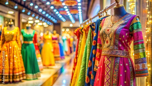 Vibrant Indian Fashion: Colorful Dresses & Outfits Displayed in a Modern Shopping Mall with Bokeh Effect