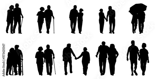 The senior couple is walking together in silhouette of people set.