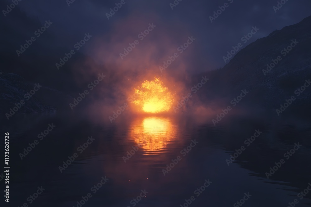 Naklejka premium A dramatic scene of an explosion reflected in a calm lake surrounded by misty mountains.