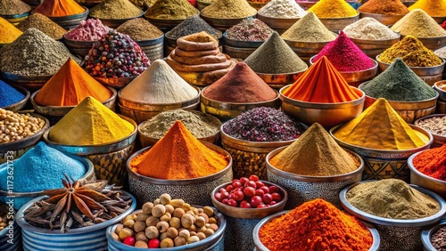 Vibrant Moroccan Spice Market: Aromatic Blend of Colors and Textures