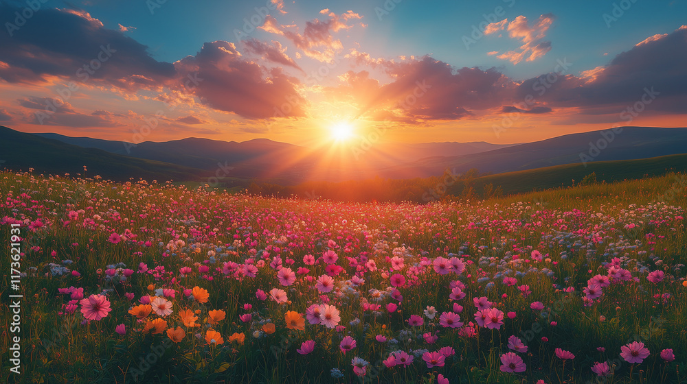 Fototapeta premium Wildflower field under sunset in mountain landscape