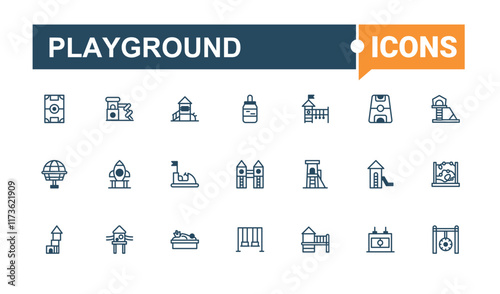 Playground line icons set. It contains symbols to sandbox, toy, area, childhood, school, sport, child, playground. Web icons. Outline and solid pictogram.