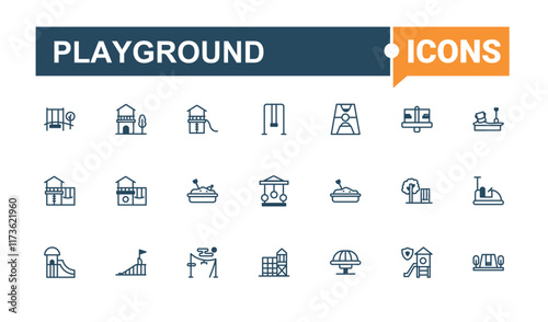 Playground line icons set. It contains symbols to sandbox, toy, area, childhood, school, sport, child, playground. Web icons. Outline and solid pictogram.