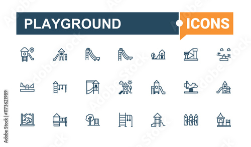 Playground line icons set. It contains symbols to sandbox, toy, area, childhood, school, sport, child, playground. Web icons. Outline and solid pictogram.