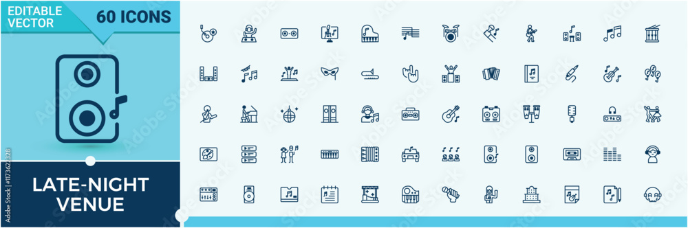 Late-Night Venue icon pack. Contains related to rum, gift, menu, glass, food, beer and more. Thin outline icons pack. Editable vector icon and illustration. Late-Night Venue icon pack. Contains related to rum, gift, menu, glass, food, beer and more. Thin outline icons pack. Editable vector icon and illustration.