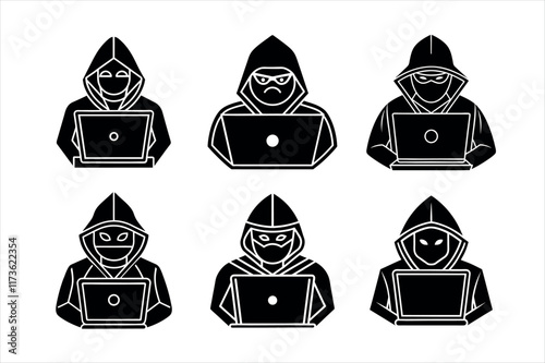 Silhouette illustration of hackers using laptops