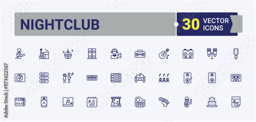 Nightclub linear icon collection. Icons art, margarita, beverage, whiskey, pack, bar. Thin linear style icons. Vector outline and solid icons collection.