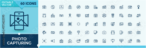 Photo Capturing Beauty linear icon collection. Icons business, flower, photographer, no, phone, media, album, selfie. Minimal icons. Vector line and solid icons.