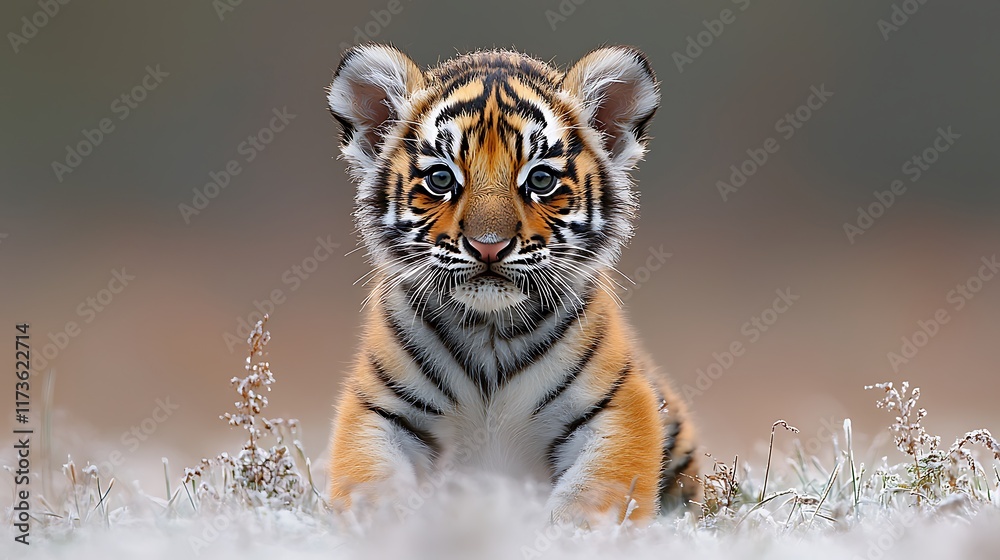 Obraz premium Adorable tiger cub sitting in snowy grass, looking directly at the camera.