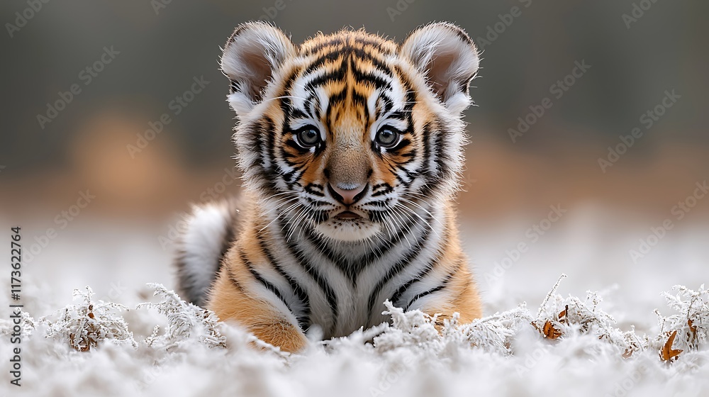 Obraz premium Adorable tiger cub with striking orange and black stripes, sitting on white fluffy surface, looking directly at the camera.