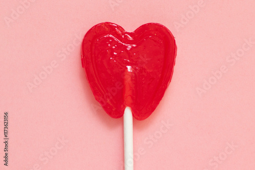 Red candy heart lollipop on pink background, Valentine's day, Valentine's day, candy, candy, love