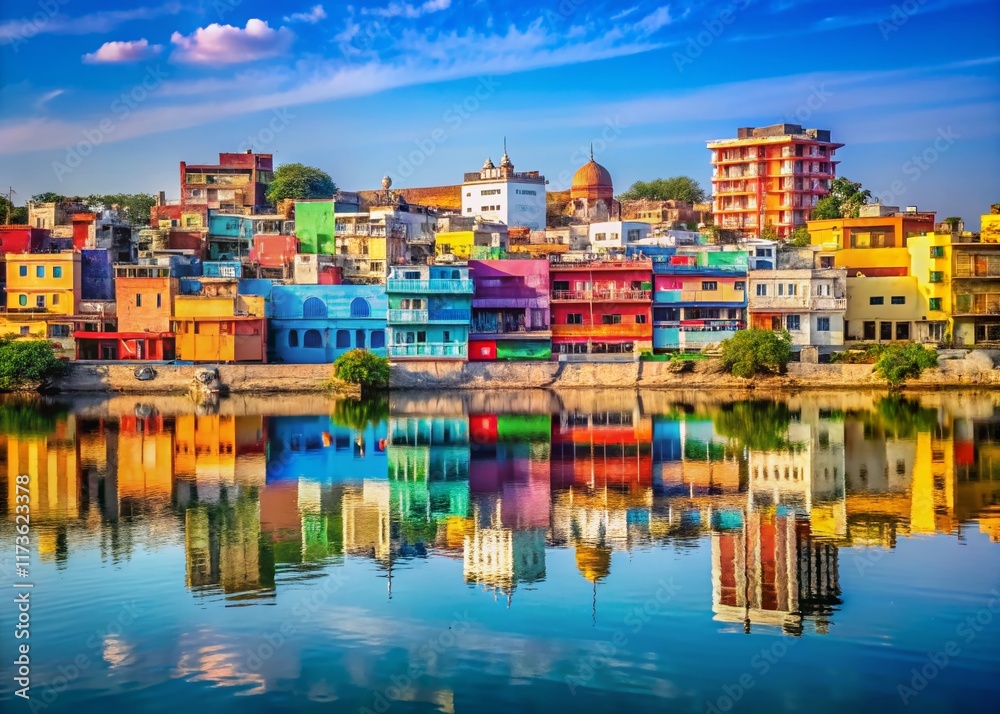 Obraz premium Vibrant Patna City Skyline: Colorful Buildings, Blue Sky Reflections - Stock Photo